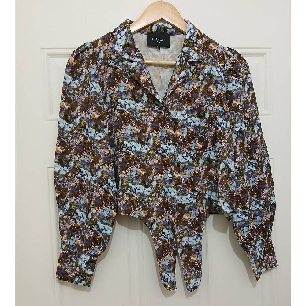 Frnch paris womens small puffer sleeve linen floral top purple green shirt